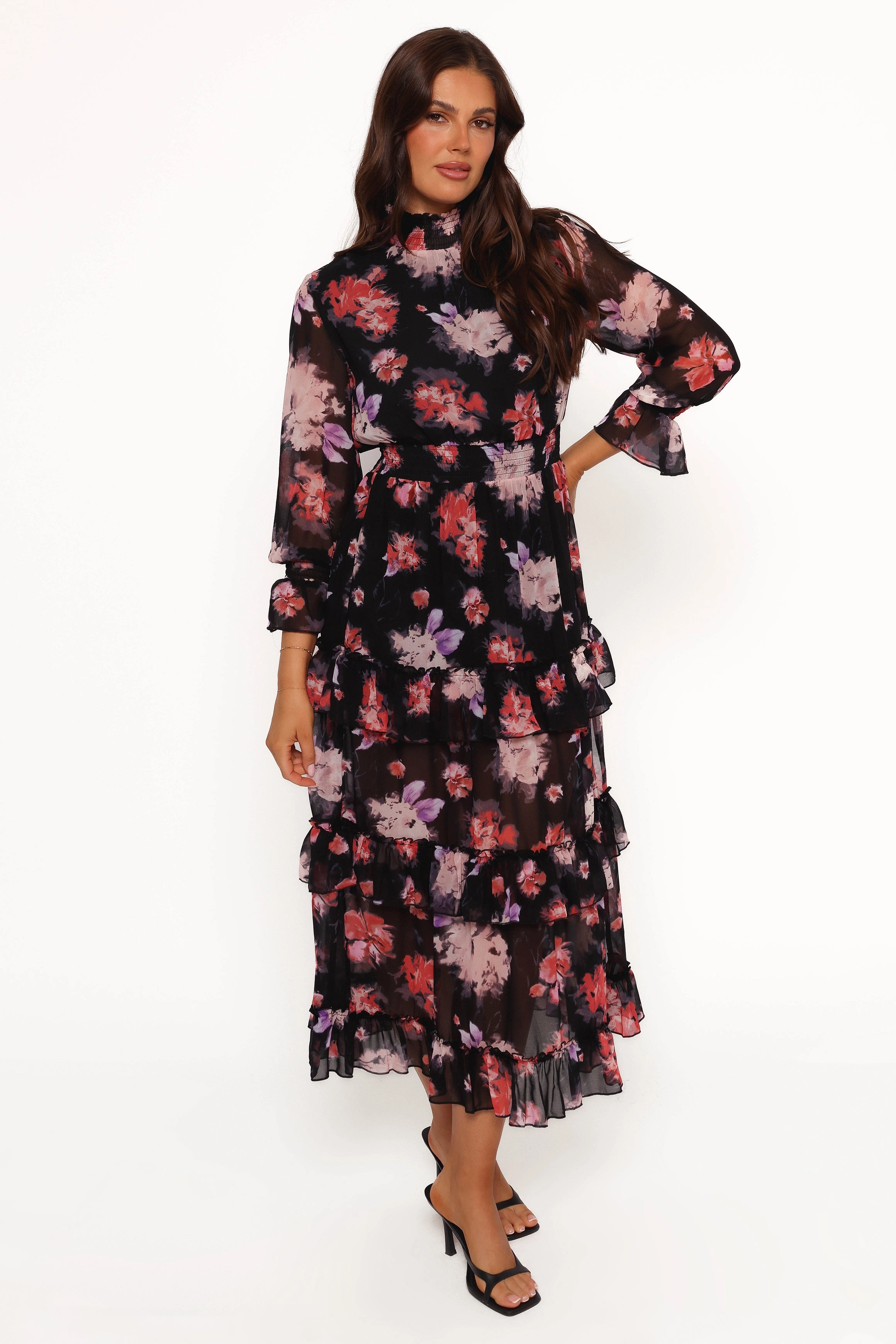Isadora Long Sleeve Maxi Dress - Black Blurred Floral