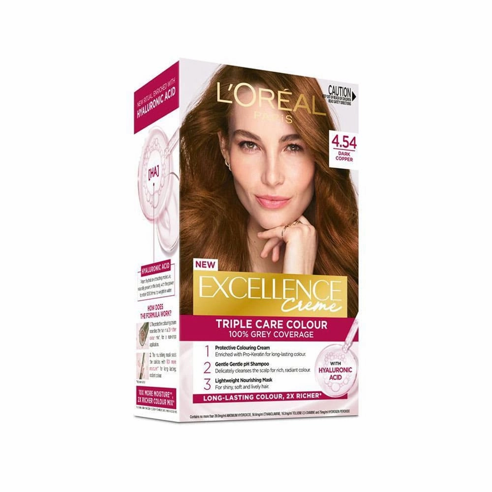 L'Oreal Hair Colour Excellence Creme Triple Care Colour 100% Grey Coverage 4.54 Dark Copper
